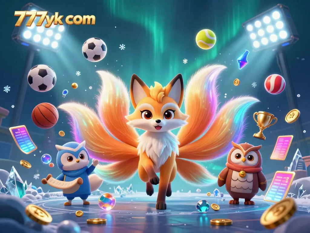 Experience the vibrant world of 777yk com with a dazzling nine-tailed fox and sports betting excitement in a dynamic scene.