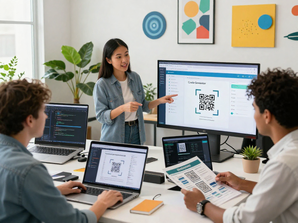 Dynamic collaboration scene at a tech office featuring a QR Code Generator dashboard, showcasing teamwork and innovation.