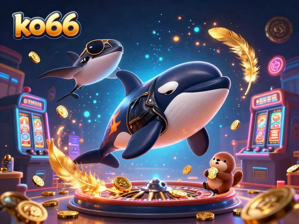 Engage with immersive gaming action at ko66, featuring animated characters celebrating wins with gold coins and casino elements.