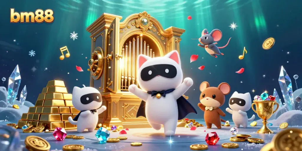 Experience winning thrills at bm88 casino with a masked character illustrating games and treasures.