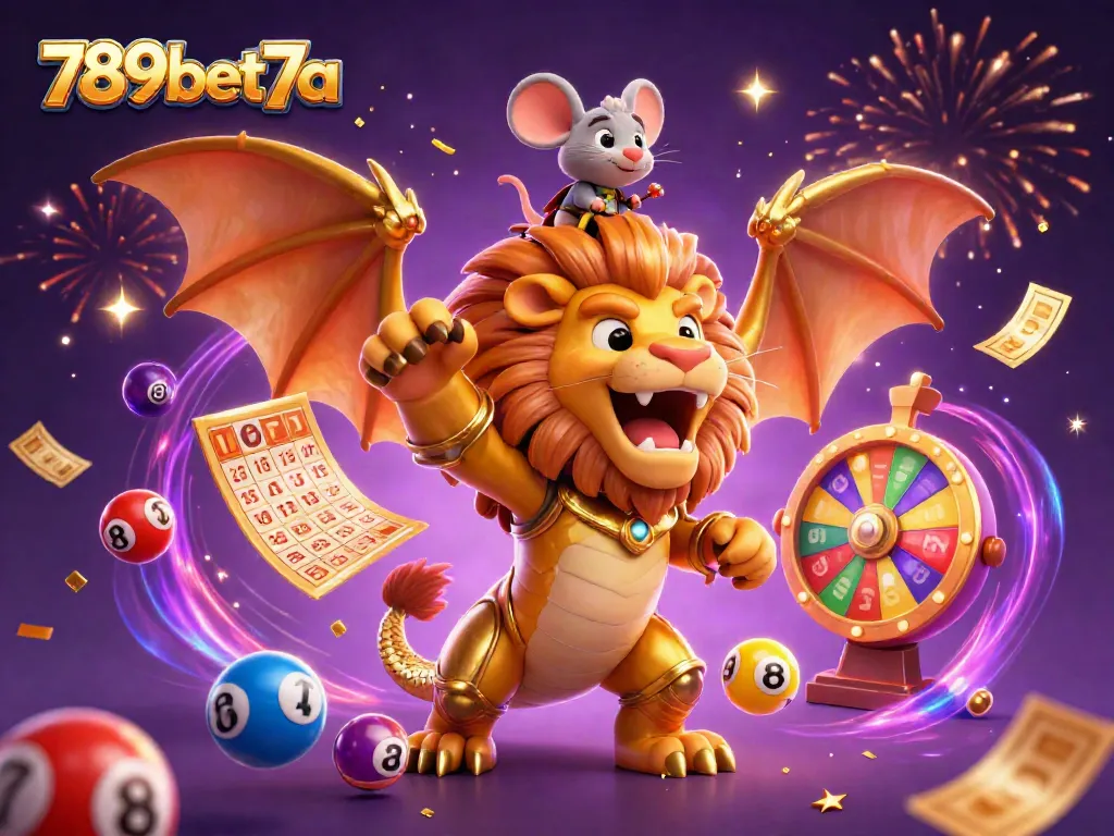 Experience exciting wins at 789bet7a with vibrant lottery elements and a powerful chimera roaring triumphantly!
