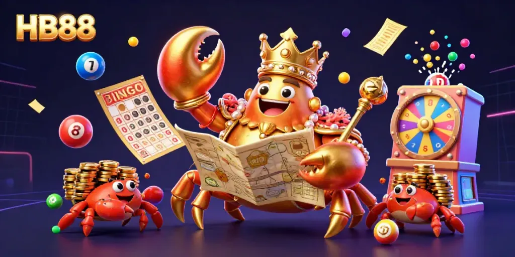 Play exciting HB88 lottery games with a golden crab emperor amidst colorful game elements.