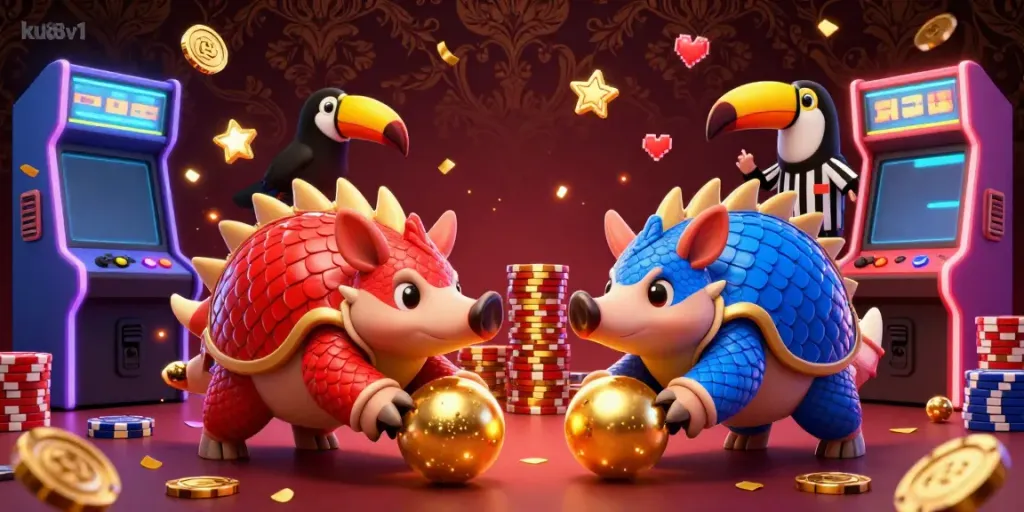 Rival pangolins compete in ku88v1, rolling golden balls through poker chips in a vibrant casino scene.