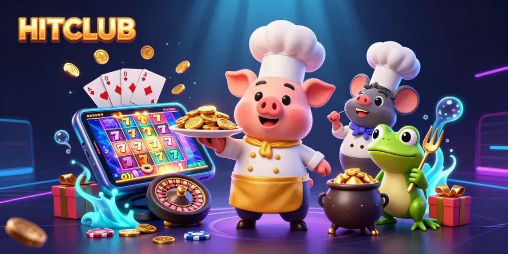 Hitclub showcases excitement with gourmet gold coins served by characters in a vibrant casino atmosphere.