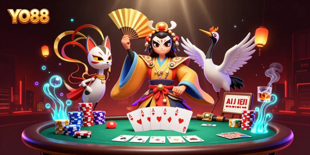 Engage with YO88’s vibrant casino experience in an energetic, detailed 3D illustration featuring a kabuki warrior.