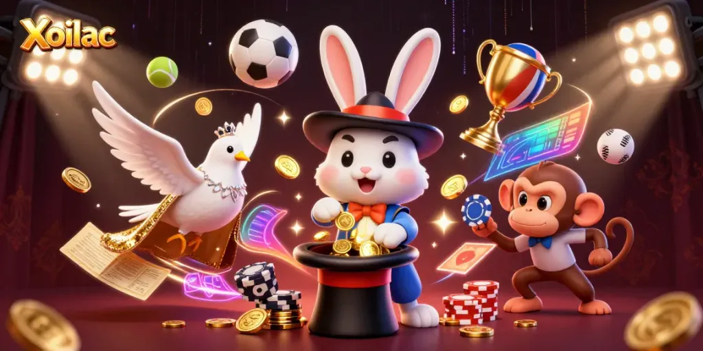 Xoilac magician rabbit pulling coins, monkey stealing chips in a vibrant casino scene
