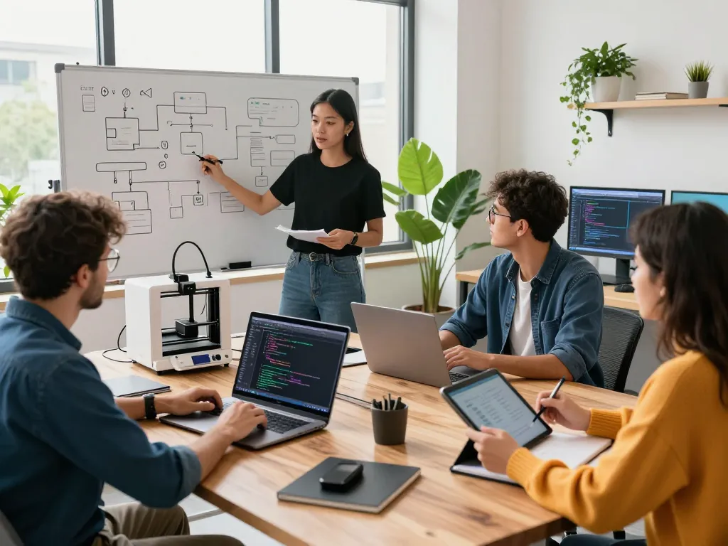Collaboration in a modern workspace at https://thscrore.app/, featuring diverse developers brainstorming software solutions.