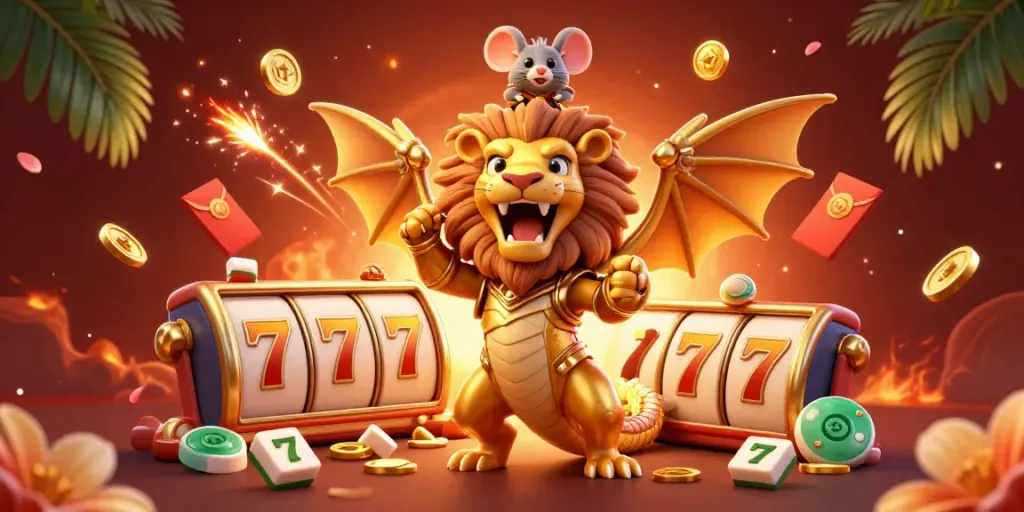 Experience thrilling slot action at ml88 with a golden armored chimera and festive gaming elements.