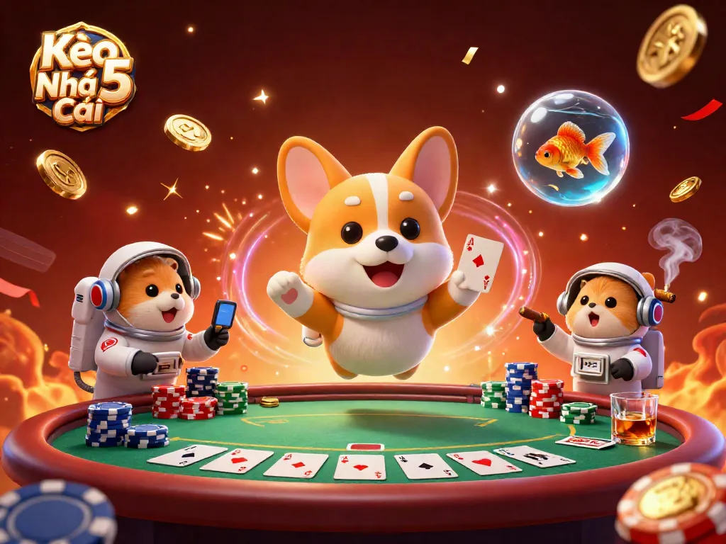 Join the excitement at Kèo Nhà Cái 5 with floating poker action and colorful chips!