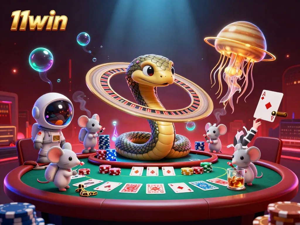 Experience thrilling gaming at 11win as astronaut mice place bets on Saturn's roulette rings in a futuristic casino scene.