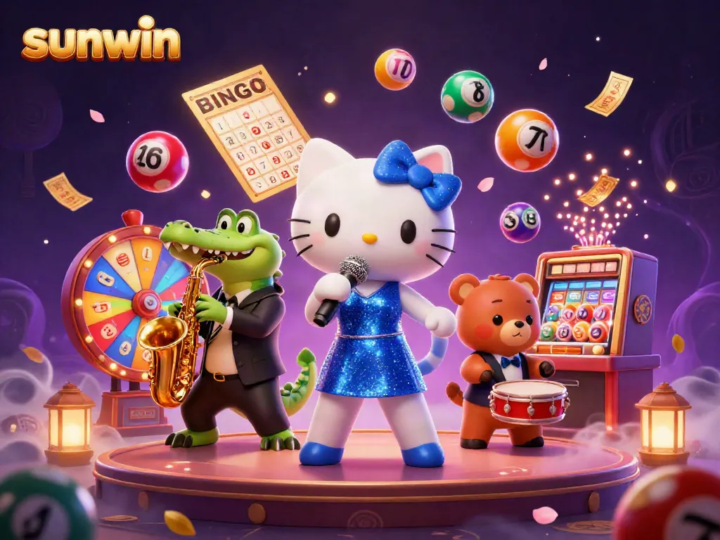 Join the excitement at sunwin with a colorful casino scene featuring engaging characters and dynamic game elements.