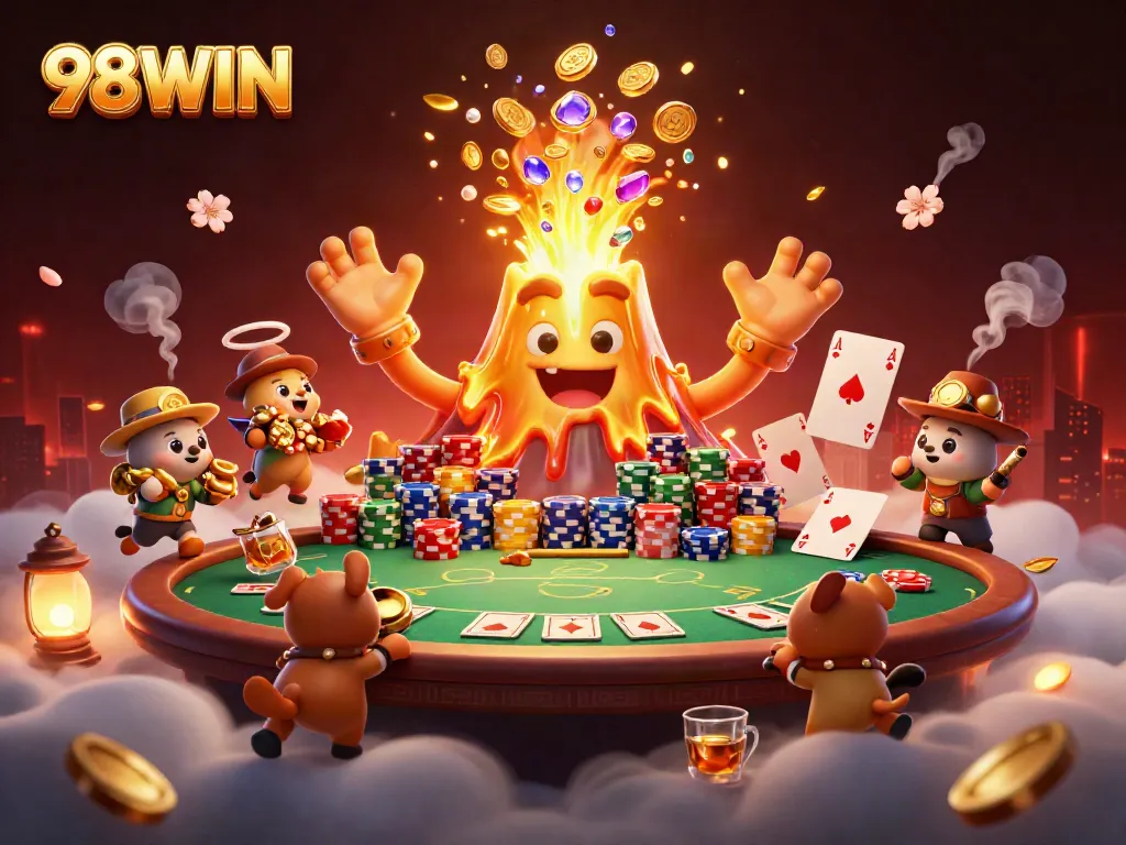 Experience the thrilling 98WIN volcano eruption showcasing treasure amidst a vibrant casino scene.