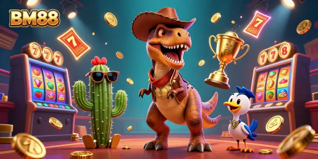 Engage with BM88's dynamic casino experience featuring a T-Rex in casino action.