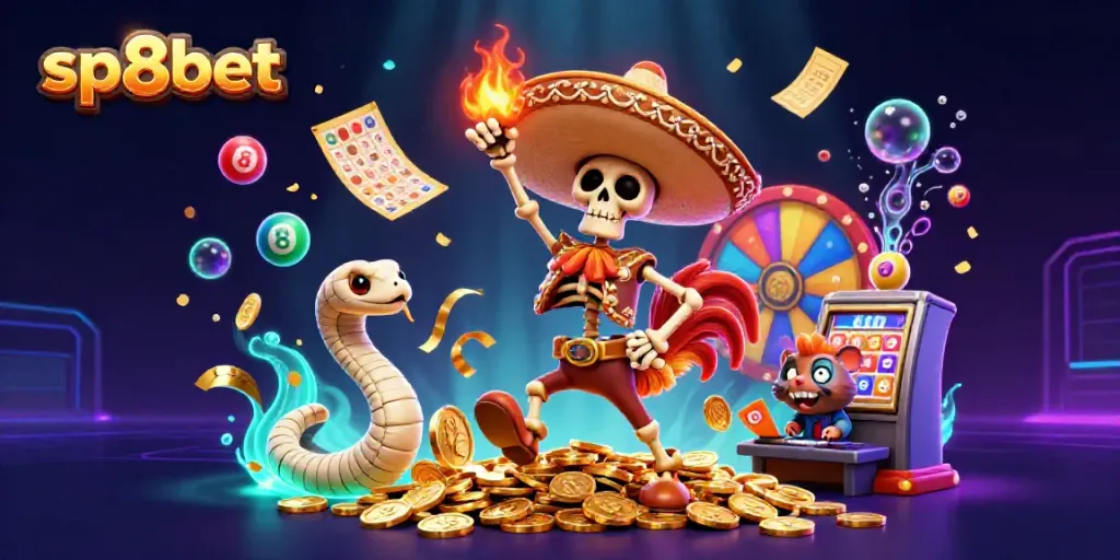 Experience thrilling gambling with sp8bet in this vibrant 3D casino illustration featuring lively characters and dynamic elements.