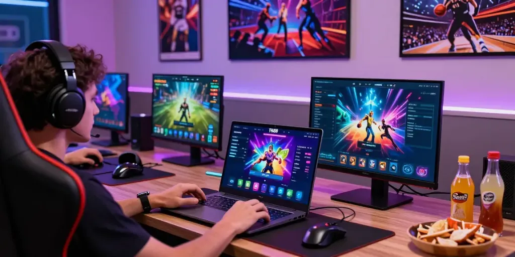 A user interacting with the TA88 gaming platform on a laptop in a vibrant gaming room, showcasing online entertainment excitement.