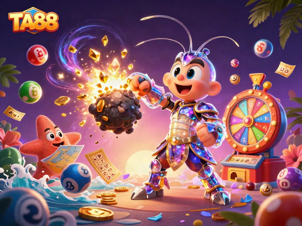 Experience the excitement of TA88 with a vibrant, dynamic 3D casino scene filled with colorful gambling elements.