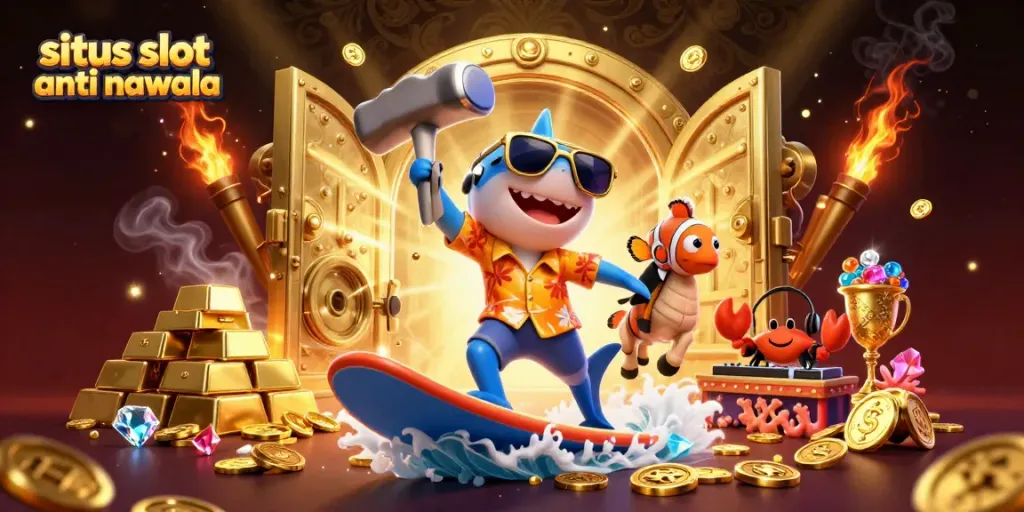 Menghasilkan kemenangan di situs slot anti nawala dengan karakter hiu dan elemen keberuntungan dalam ilustrasi 3D.