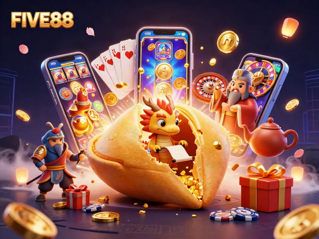 Engage in thrilling games at FIVE88 Casino featuring a vibrant scene with characters and dynamic elements.