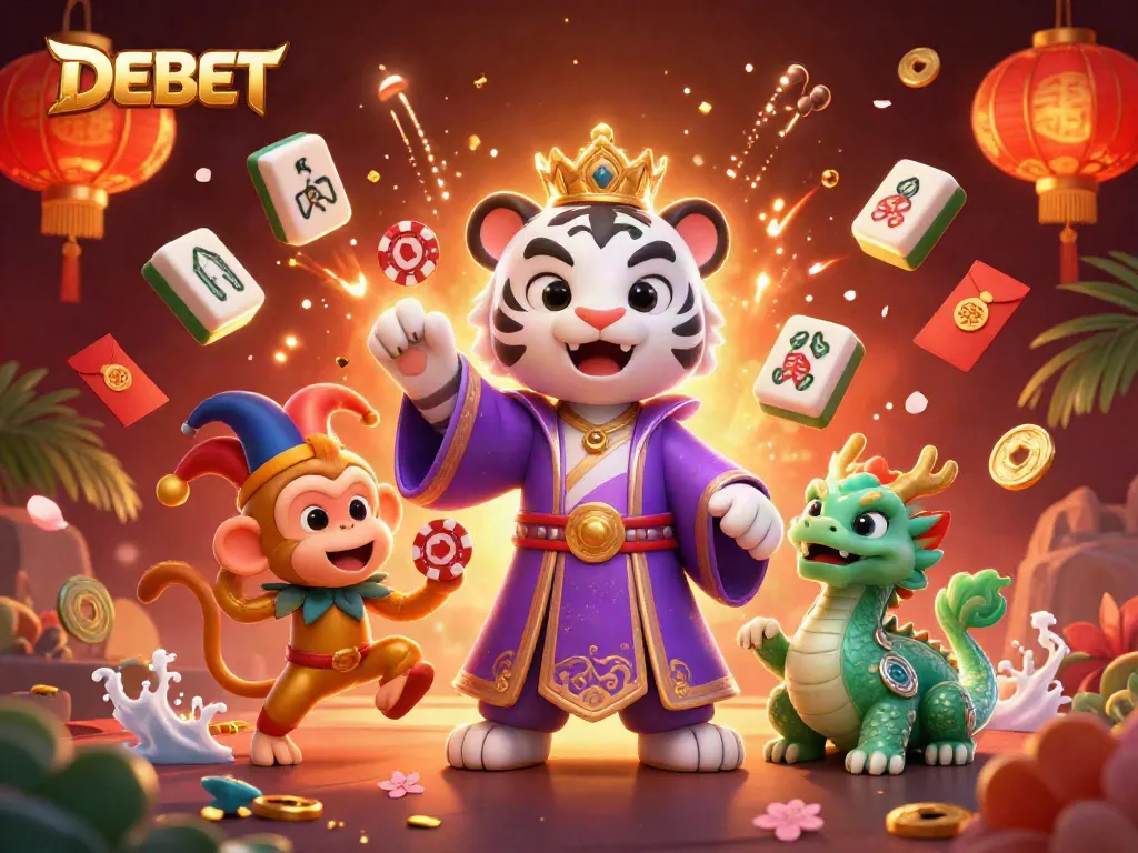 Engage in the world of DEBET with a vibrant 3D illustration showcasing lively characters and casino elements.