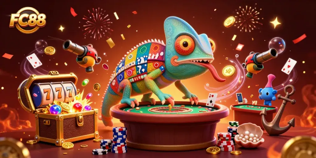Engage with FC88's thrilling casino experience featuring chameleon owner and gold treasures.