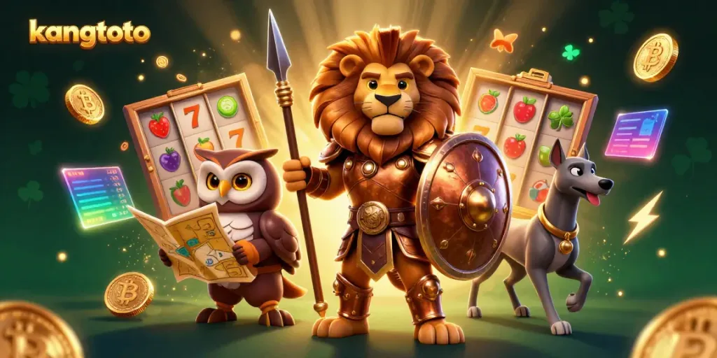 Permainan kangtoto memberi kemenangan dengan simbol slot dan koin kripto yang bersinar.