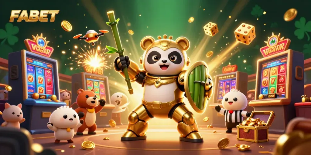 Experience FABET excitement with a dynamic illustration featuring a panda in a mech-suit and 3D slot machine action.