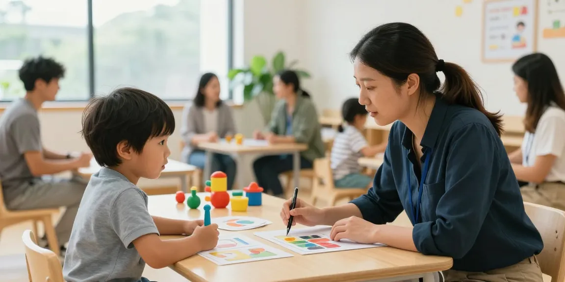 Children practicing Functional communication training Burlington with therapists in a supportive environment featuring colorful learning materials.