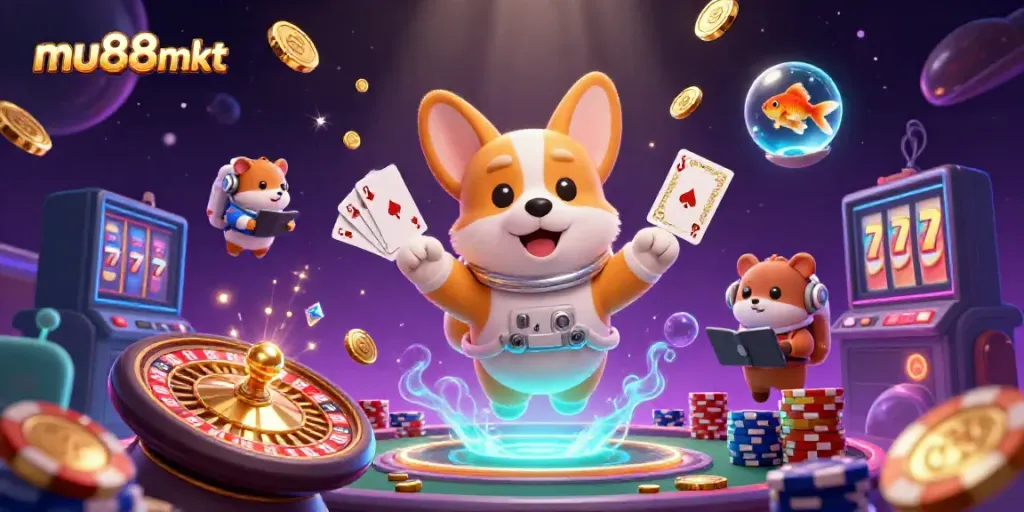 Experience thrilling wins with mu88mkt's exciting space casino scene featuring floating characters and vibrant game elements.