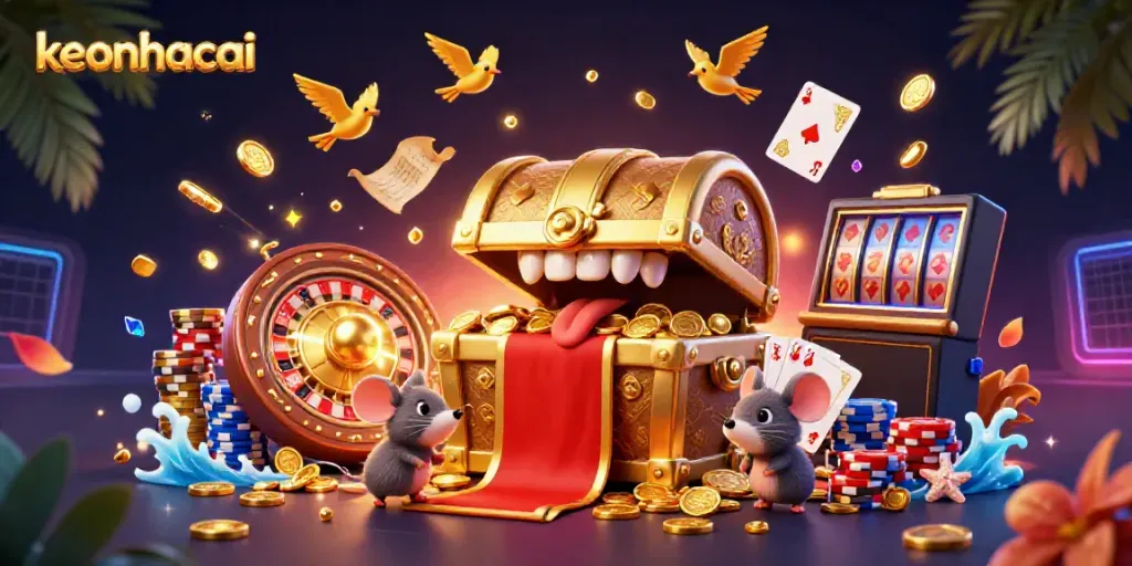 Exciting keonhacai scene with advancing adventurer mice and treasure-rich casino elements.