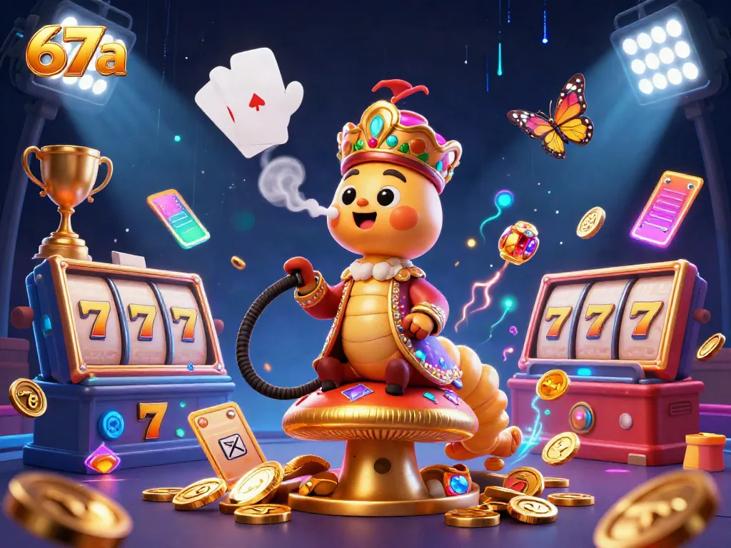 Engage with thrilling slots at 67a, featuring dynamic 3D characters around vibrant casino elements.