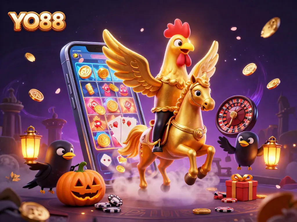Experience the thrill of YO88 with a golden rooster in a midnight casino adventure.