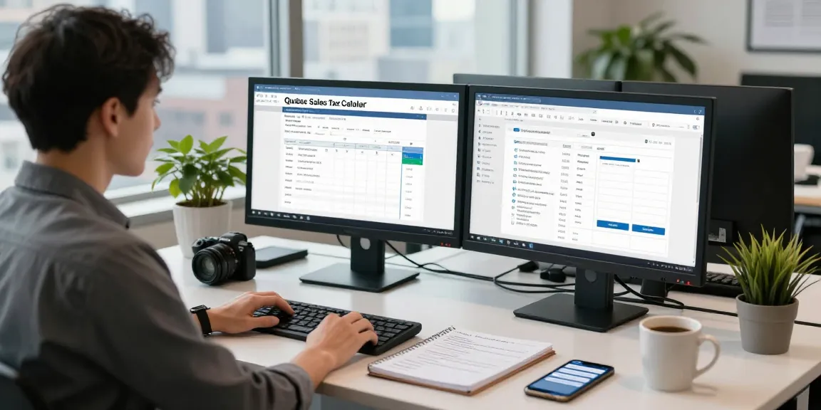 Efficient tax consultant using quebecsalestaxcalculator.ca in a modern office space, showcasing a professional and productive atmosphere.