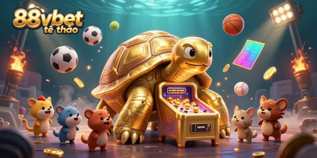 Experience the excitement of 88vbet thể thao with a golden tortoise gaming illustration surrounded by sports action.