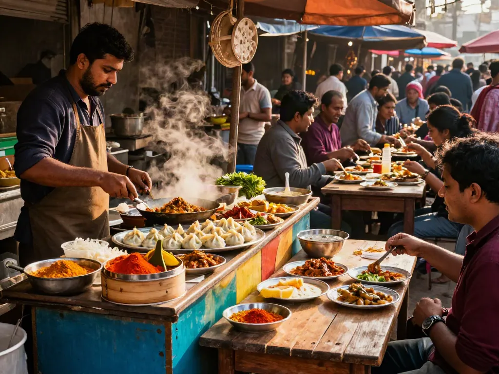 Street food market scene showcasing rokok88 Indian curry and momo preparation.