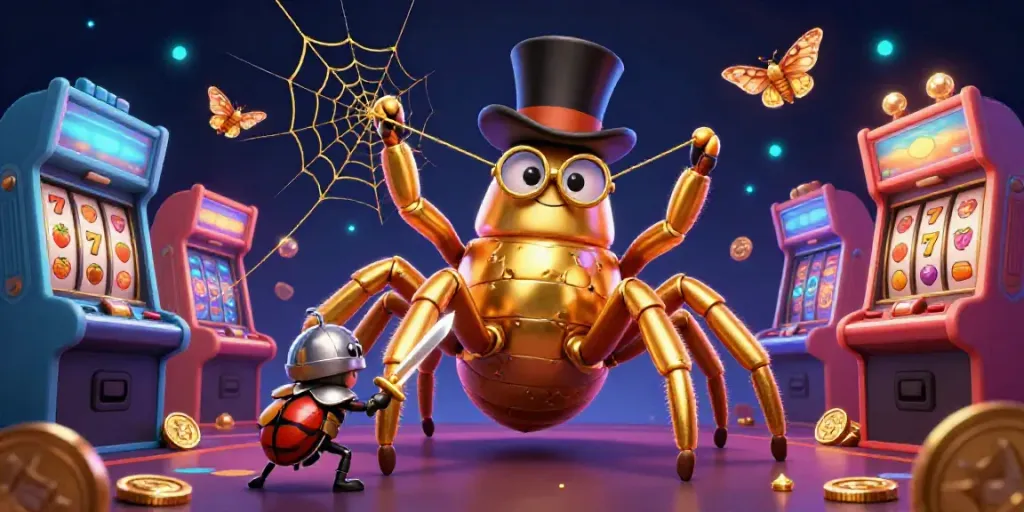 Bet on ty le keo nha cai with dynamic casino scene featuring golden tarantula, brave beetle knight, and exciting game elements.