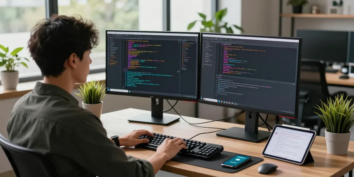 Telegram下载 guide with developer coding on dual monitors in a modern office.