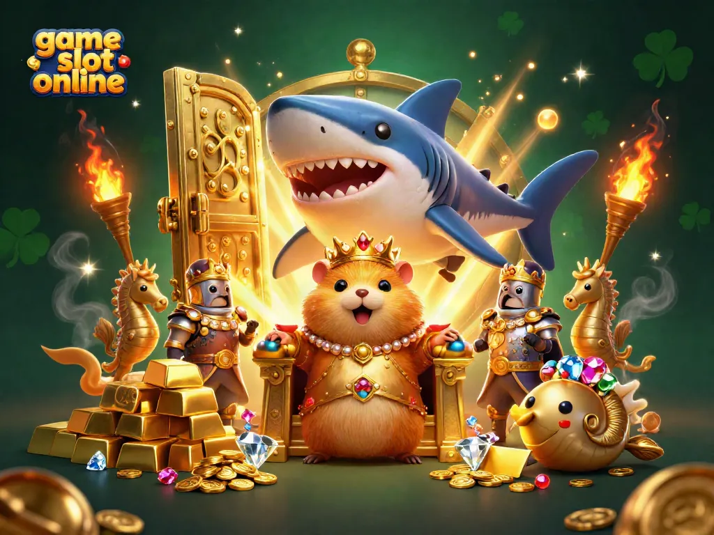 Engage in the excitement of game slot online with a golden hamster king surrounded by treasures and royal guards