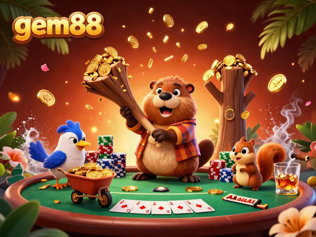 Experience gem88's dynamic casino scene with cartoon characters amidst poker and gold coins.