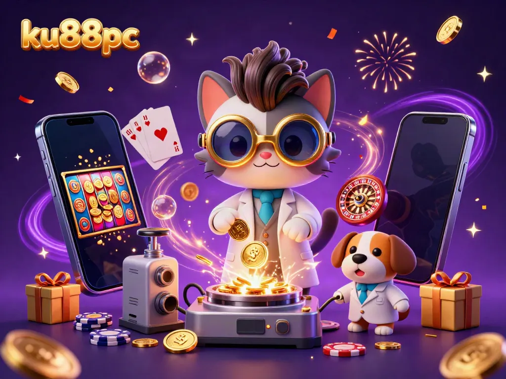Engage with ku88pc's vibrant casino world featuring a mad scientist cat and dog in a gold-coin lab.