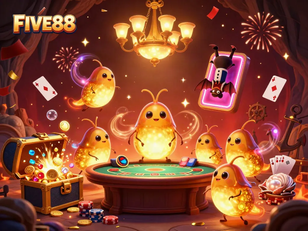 Engage with the FIVE88 casino adventure as glowworms illuminate a dynamic poker scene.