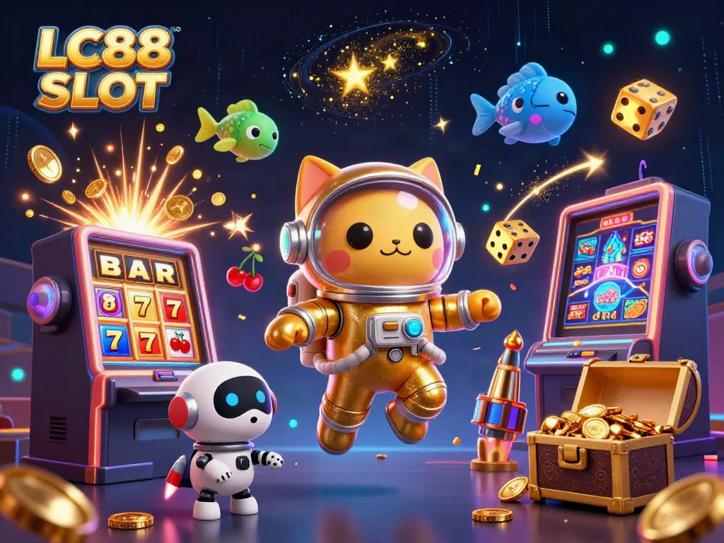 Experience the excitement of LC88 SLOT with a dynamic 3D illustration showcasing characters and casino games.