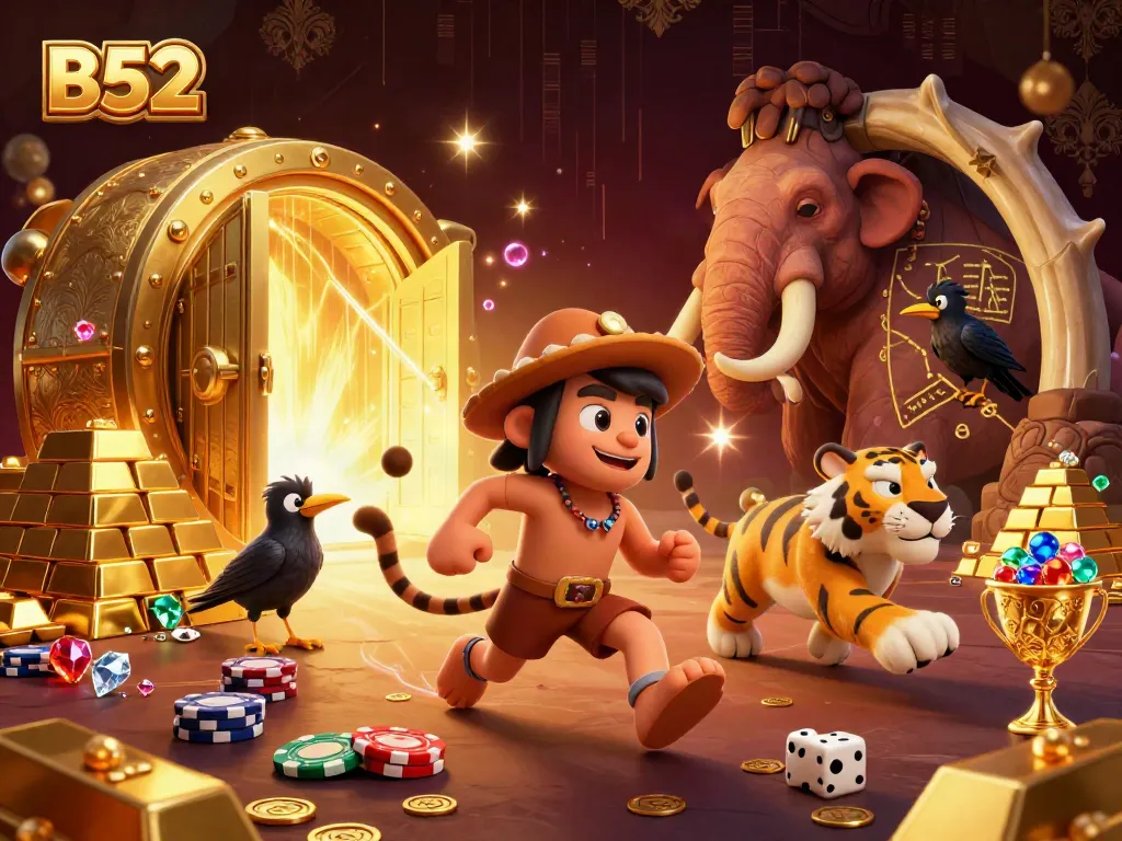 B52 casino scene with a cartoon caveman and sabertooth tiger gaming with gold and jewels.