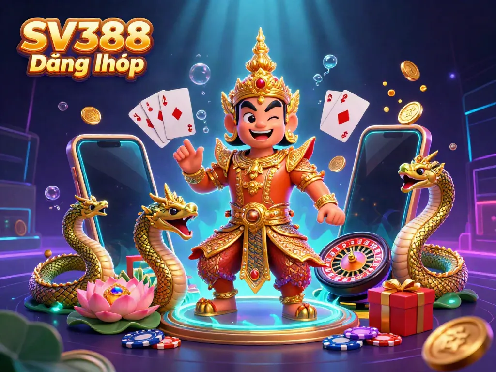 Explore SV388 Đăng nhập with vibrant slot game elements, depicting a Thai temple guardian and dynamic casino features.