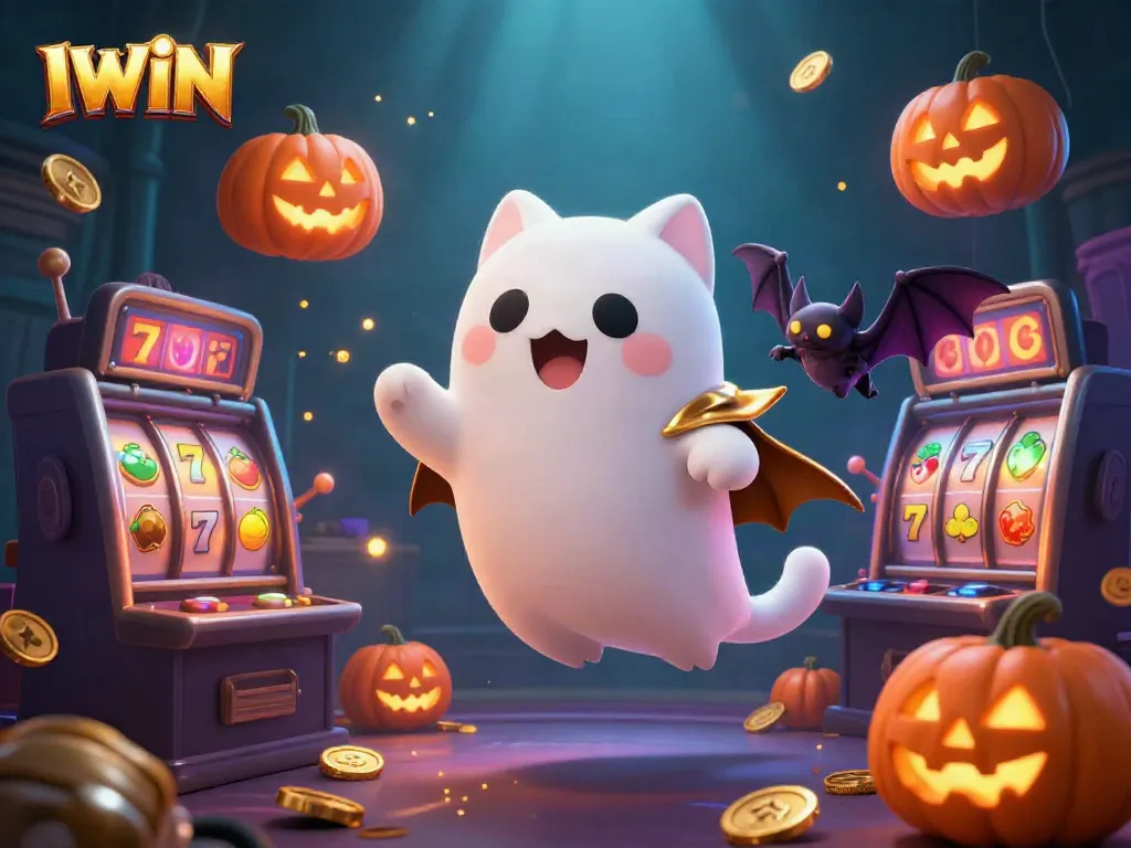 IWIN slot machines sparkle with a ghost cat and bat amidst Halloween-themed casino elements.