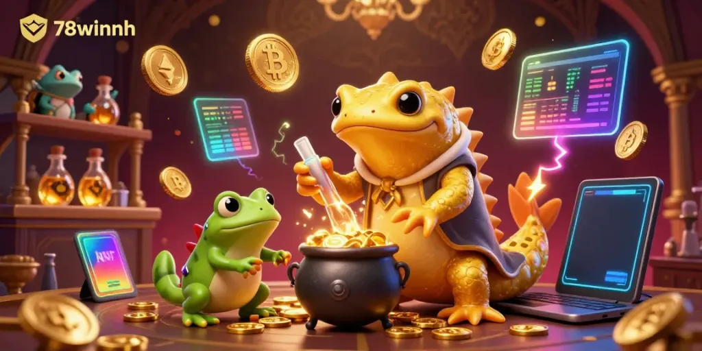 Engage in gaming excitement at 78winnh with dynamic gold creation scene featuring a golden salamander alchemist.