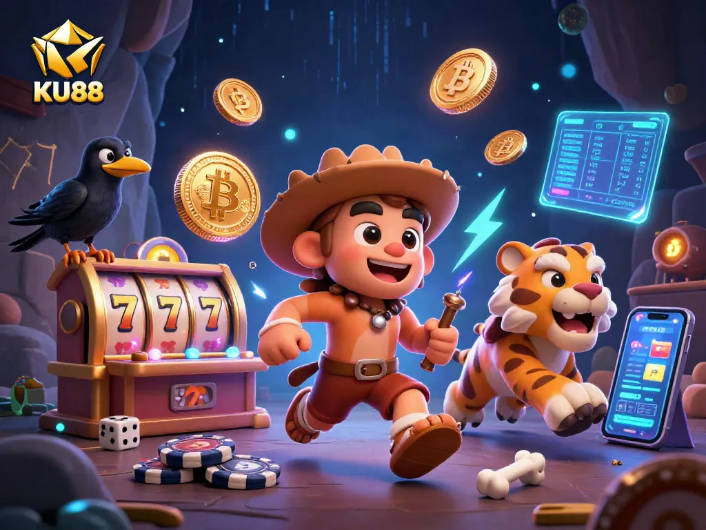 Engage in thrilling gameplay with KU88's dynamic prehistoric casino, featuring neon crypto elements.