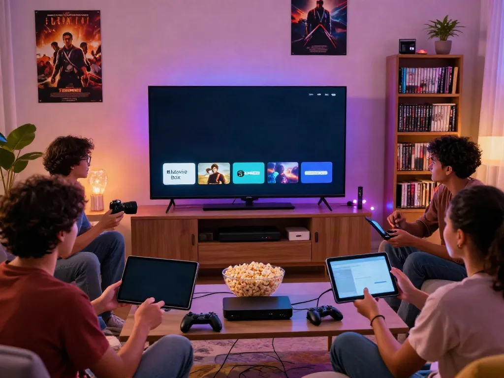 Friends enjoying a movie night using the movie box application on their devices.