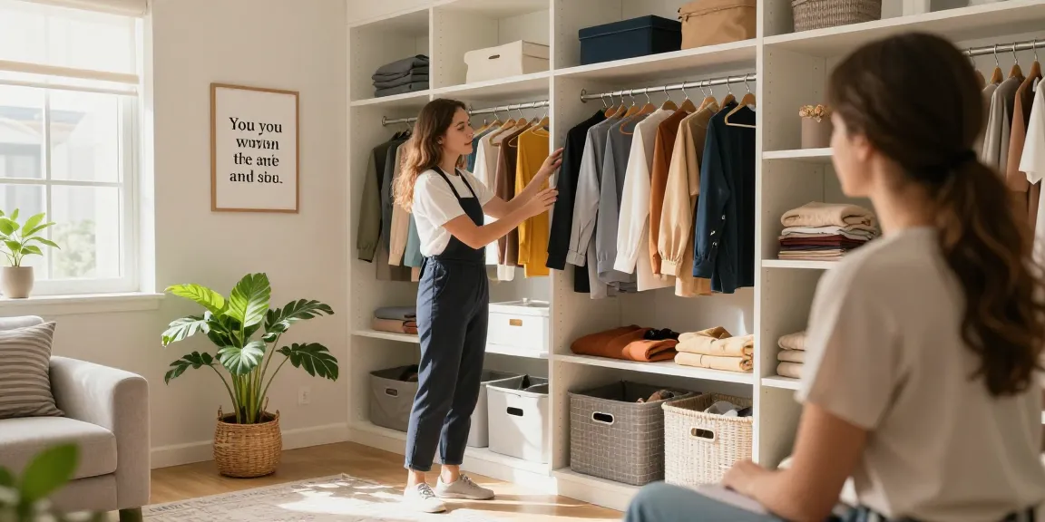 Closet organizing Ottawa: Professional organizer helping client sort clothing in a bright, modern bedroom space.