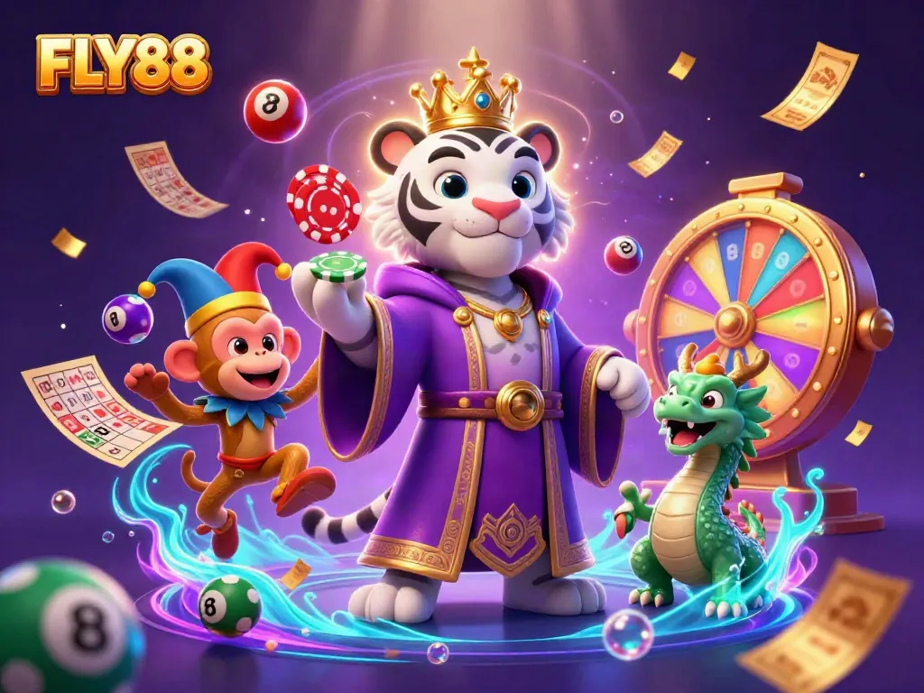 Engage with FLY88's vibrant casino world featuring a tiger, monkey, and dragon amidst dynamic slots and games.