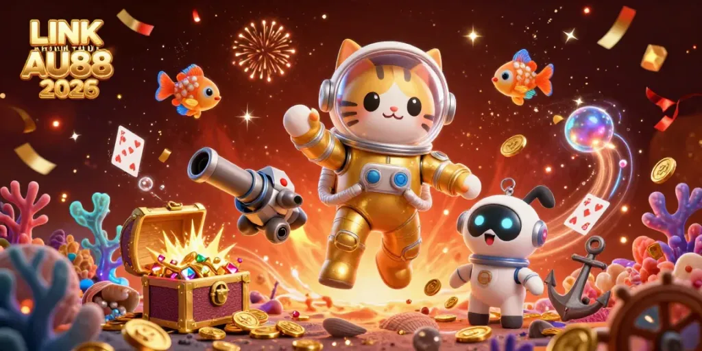 Experience the excitement of LINK CHÍNH THỨC AU88 2026 with a dynamic, festive casino atmosphere illustrated in 3D.